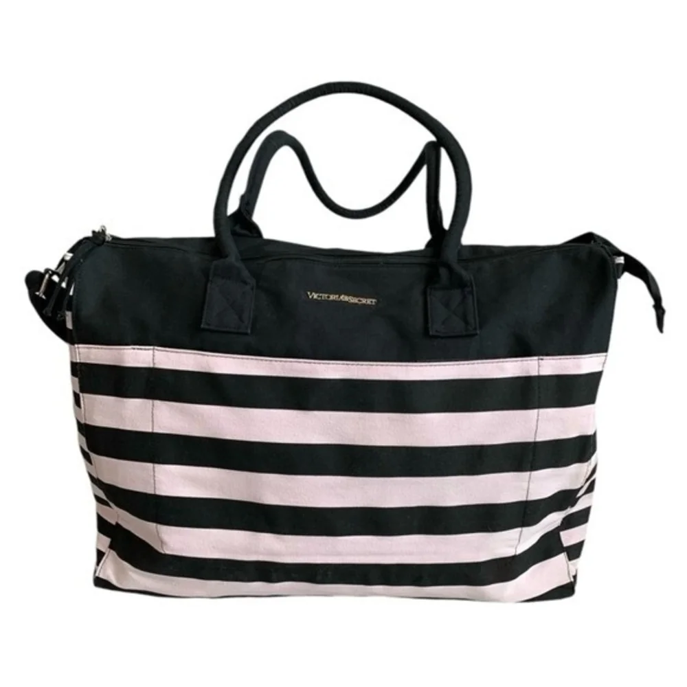 Victoria’s Secret Duffel Bag Black Pink Stripe Canvas with Makeup Case